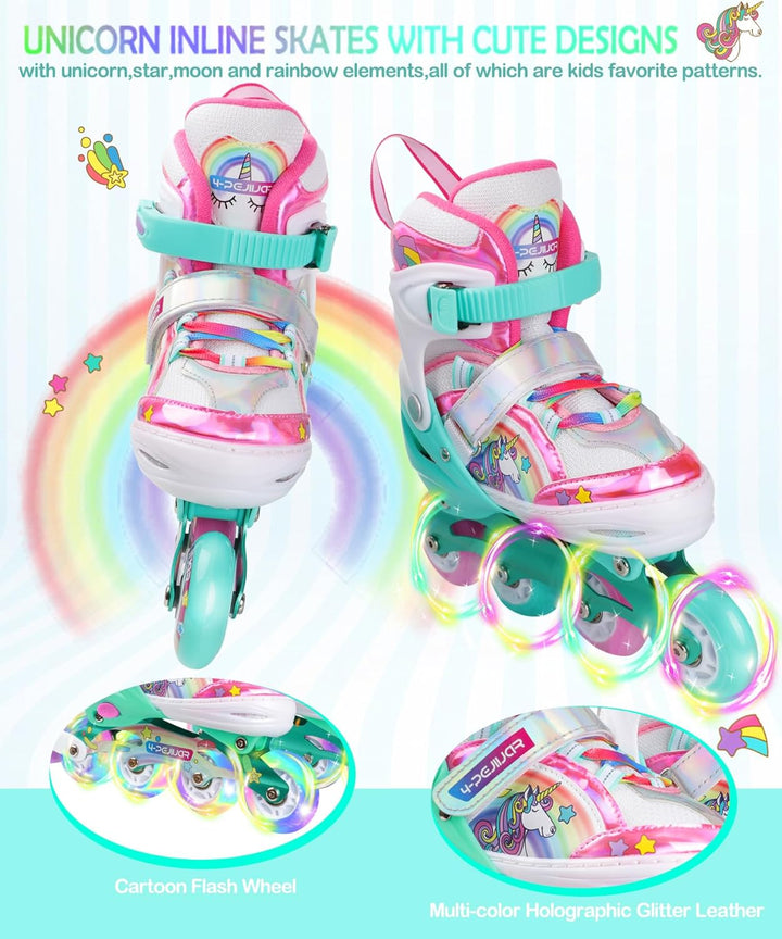 Einhorn Inliner für Mädchen Kinder Grössen Verstellbar Mit Allen Leuchtenden Rädern Regenbogen Inlin
