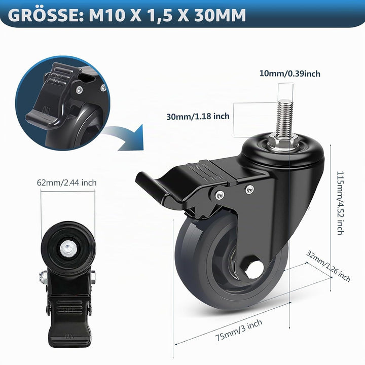 IQWTU Lenkrollen 75MM mit Bremse, 4 Stück Möbelrollen mit M10 x 1,5 x 30mm Schraube, Schwerlastrolle