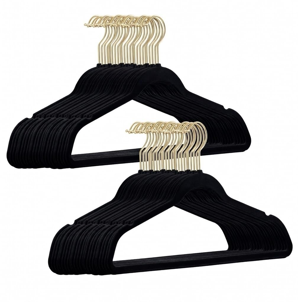 50 Stück hochwertige Samt Kleiderbügel in der Farbe Schwarz mit Gold Look Haken/Anti-Rutsch/von Stic