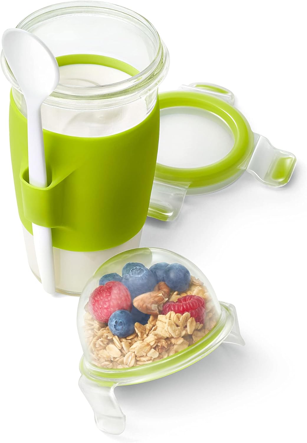 EMSA Clip & Go Yoghurtbecher, 0,45 L, rund, inklusive Löffel und Topping-Fach, 100 Prozent dicht, mi