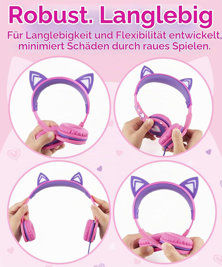 FosPower - Kopfhörer Kinder mit LED leuchten Katzenohren, 3,5mm On Ear Audio Kopfhörer für Kinder mi