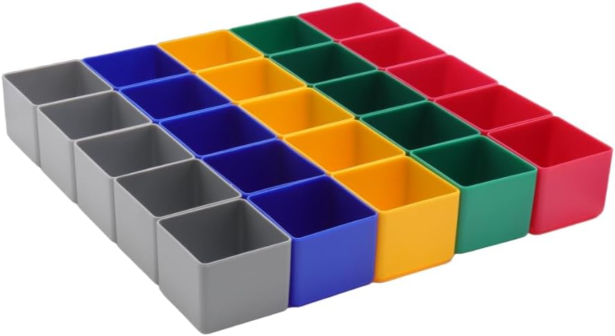 1a-TopStore 25 Stück Einsatzkasten Serie E40, farblich sortiert, 5 Farben u. 4 Grössen, aus Polystyr