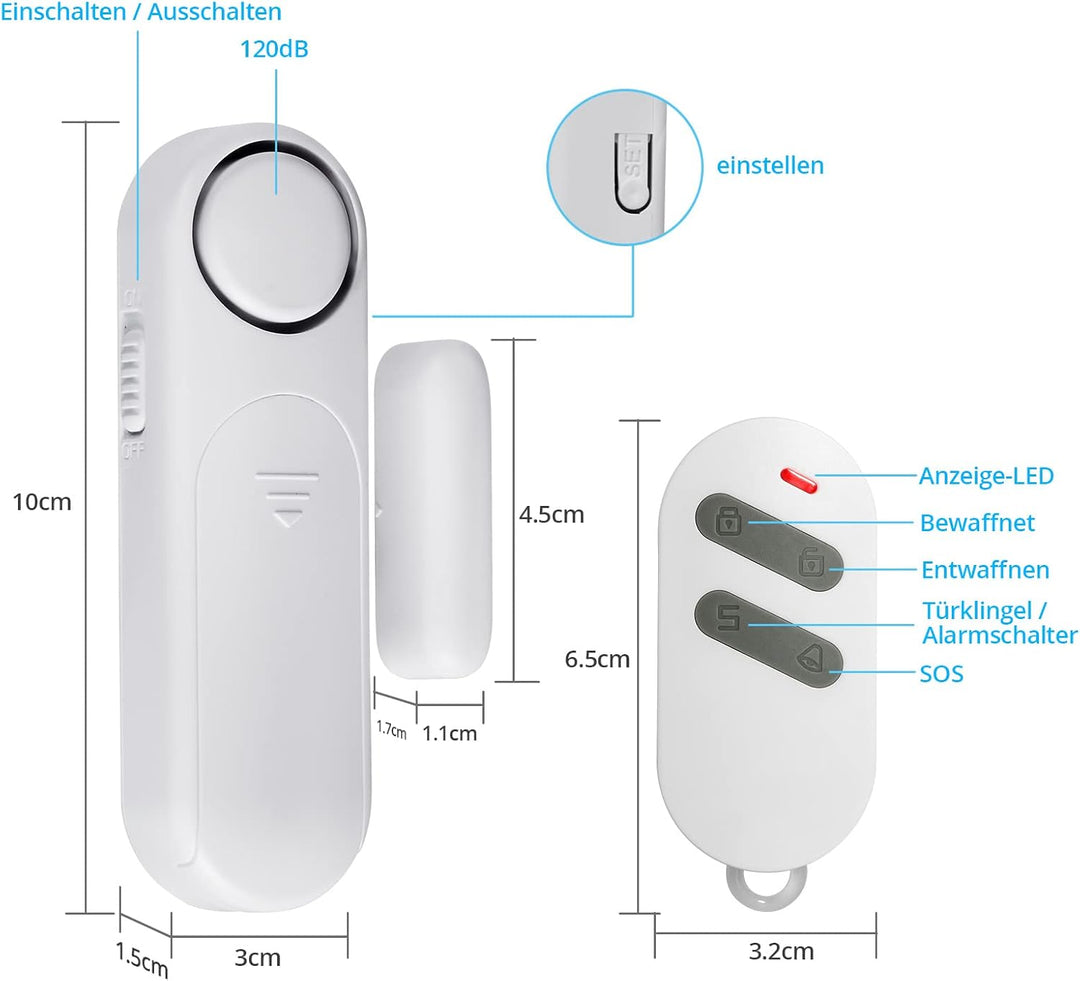 TOWODE Türalarm, Fensteralarm 120dB Kabellos Tür Fensterkontakt Sensor Alarm mit Fernbedienung 3 Mod