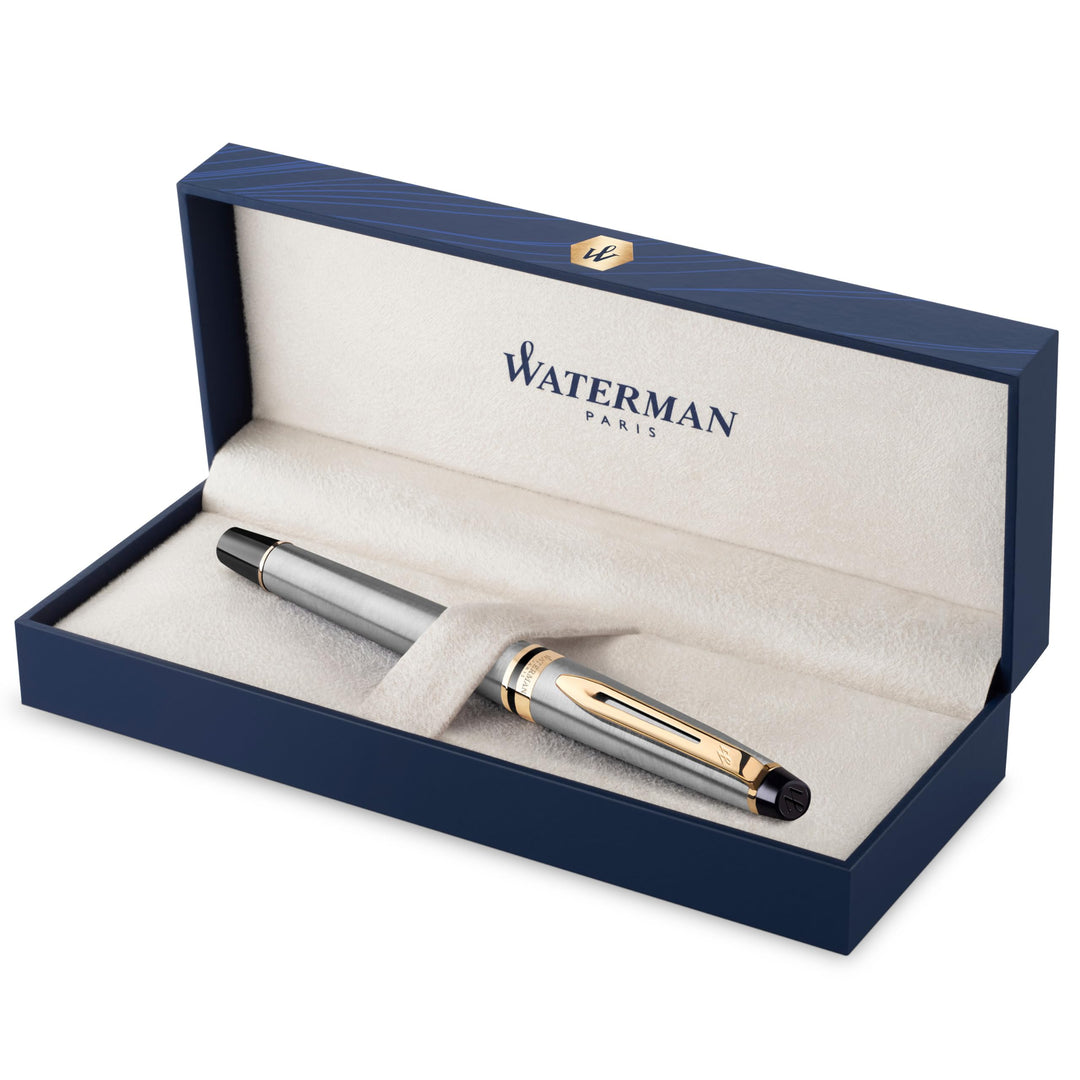 Waterman Expert Füller , Edelstahl mit Zierteile aus 23 K Gold , Füllfederhalter mit feiner Feder ,