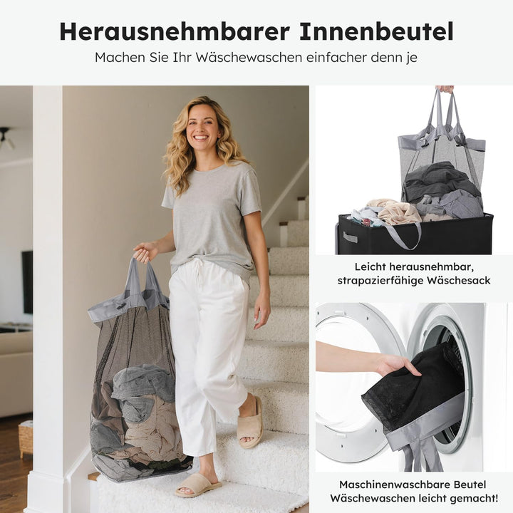 SOLEDI 180L Wäschekorb mit Deckel, Wäschesammler 2 Fächer mit 2 Seitentaschen, Laundr Baskets mit 2