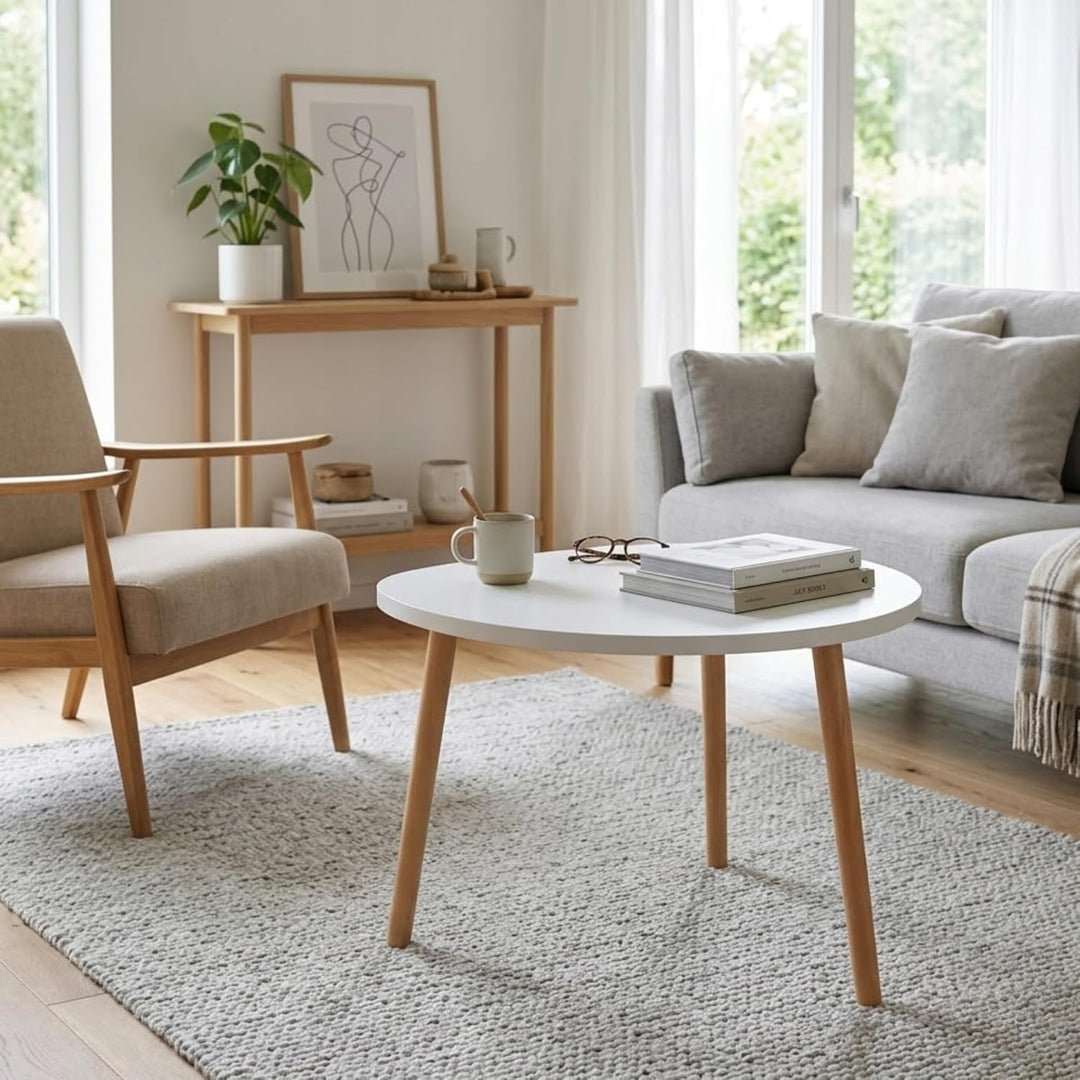 PlayPals Couchtisch Weiss 60x40 Oval Organisch – Skandinavischer Wohnzimmertisch Holzbeine, Kleiner