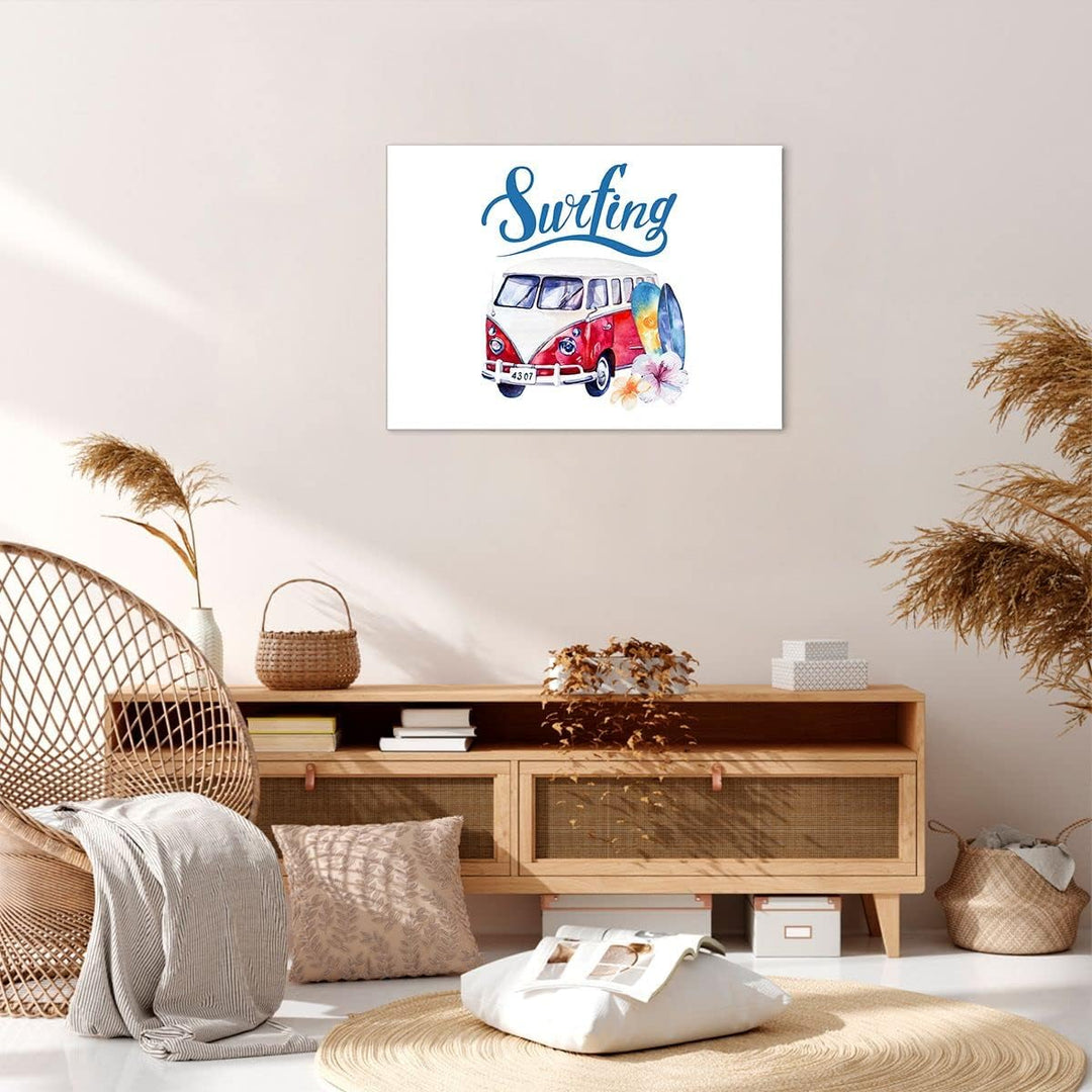 Bilder auf Leinwand Aquarell Surfbrett Palme Bäume Leinwandbild 70x50cm Wandbilder Dekoration Wohnzi