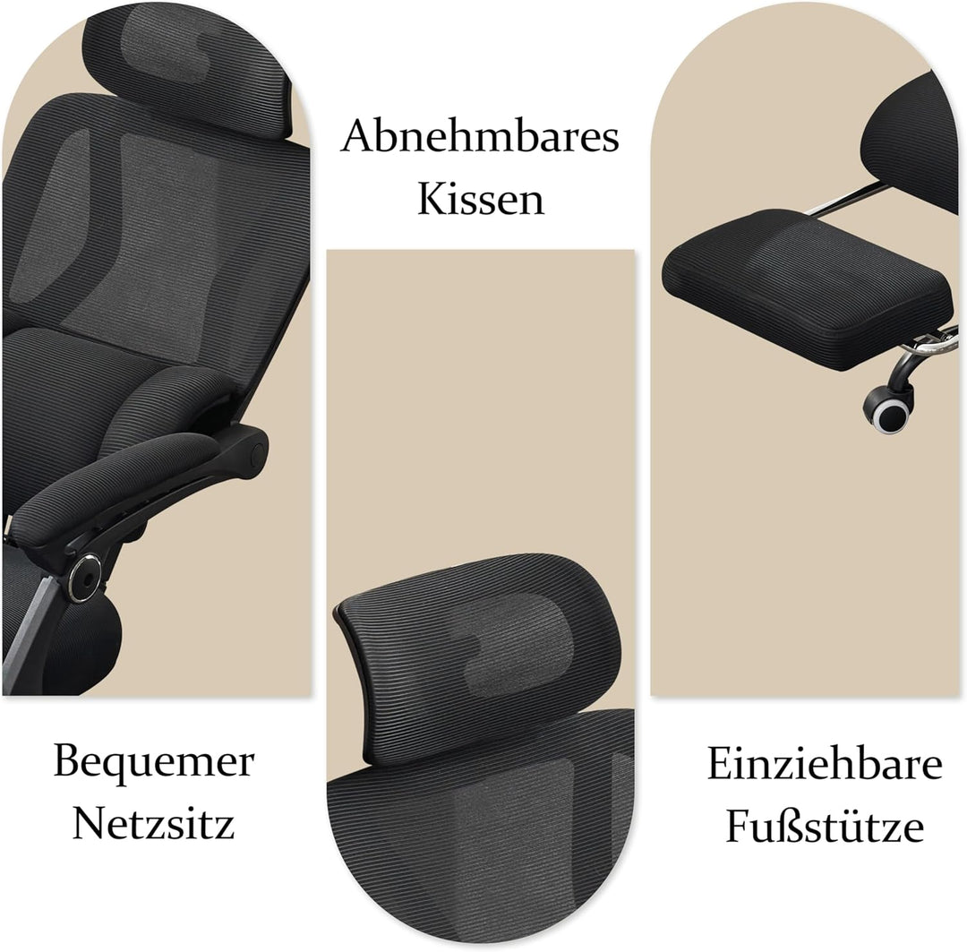 UEV Bürostuhl Ergonomisch mit Fussstütze, Homeoffice Stuhl, schwarz | Drehstuhl,Schreibtischstuhl,ne