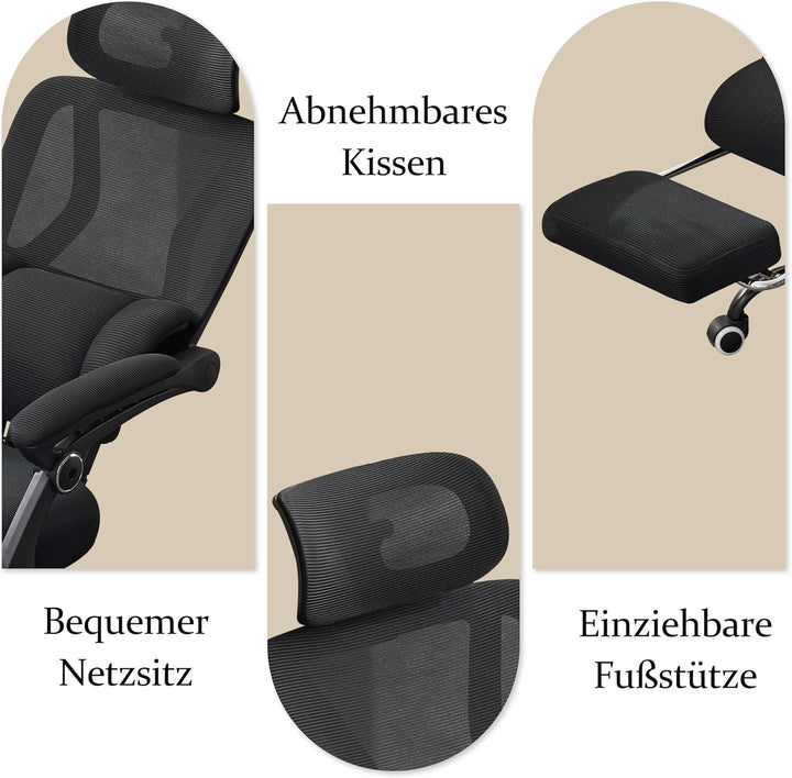 UEV Bürostuhl Ergonomisch mit Fussstütze, Homeoffice Stuhl, schwarz | Drehstuhl,Schreibtischstuhl,ne