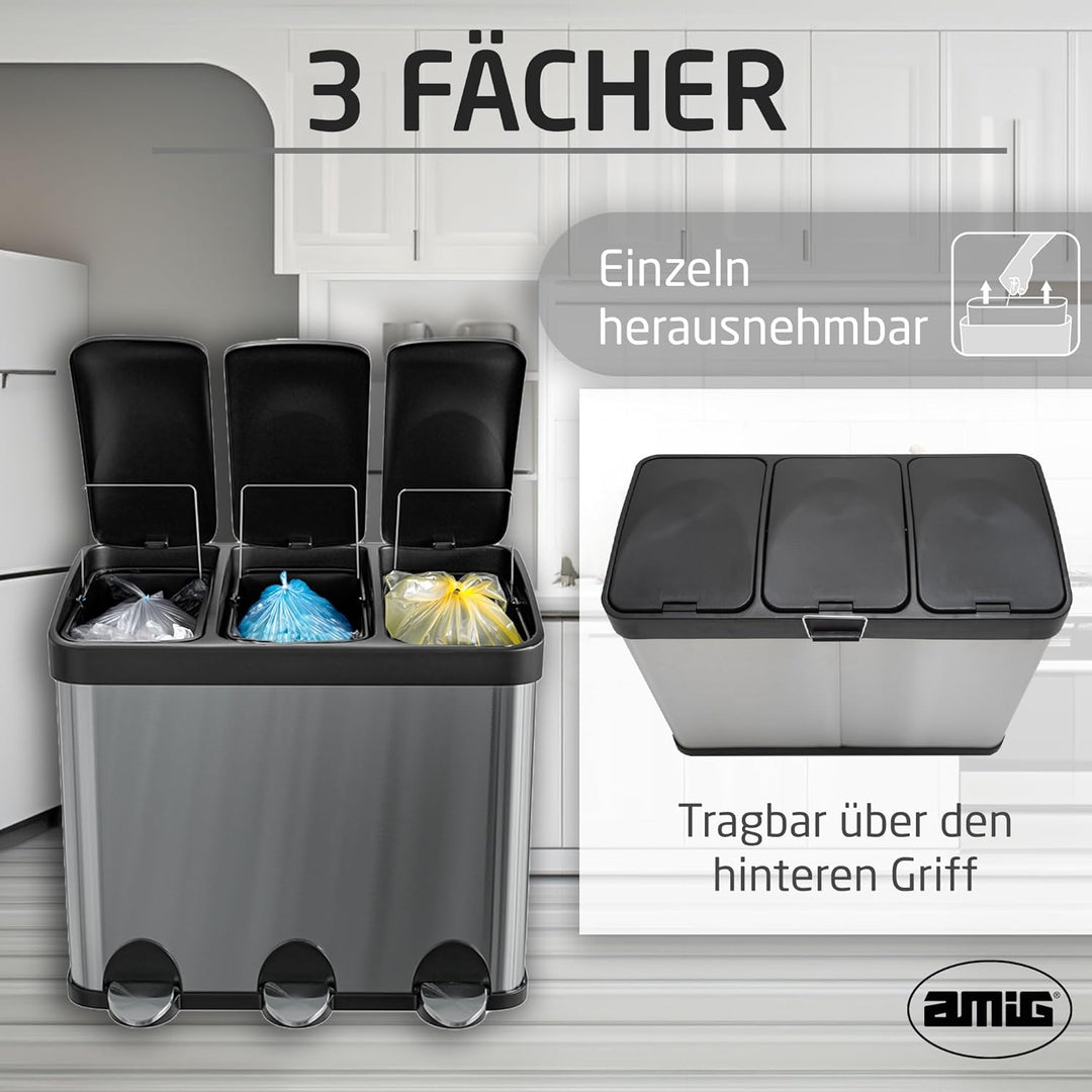 Amig - Dreifacher Mülleimer mit Pedalen 45 Liter | 3 herausnehmbare 15-Liter-Fächer | Recyclingbehäl