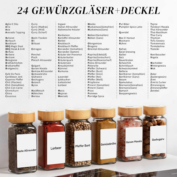 MHDCLY 24er Set Gewürzgläser Eckig mit Bambusdeckel (120ml) - Luftdichte Spice Jars &amp; Gewürzstreuer
