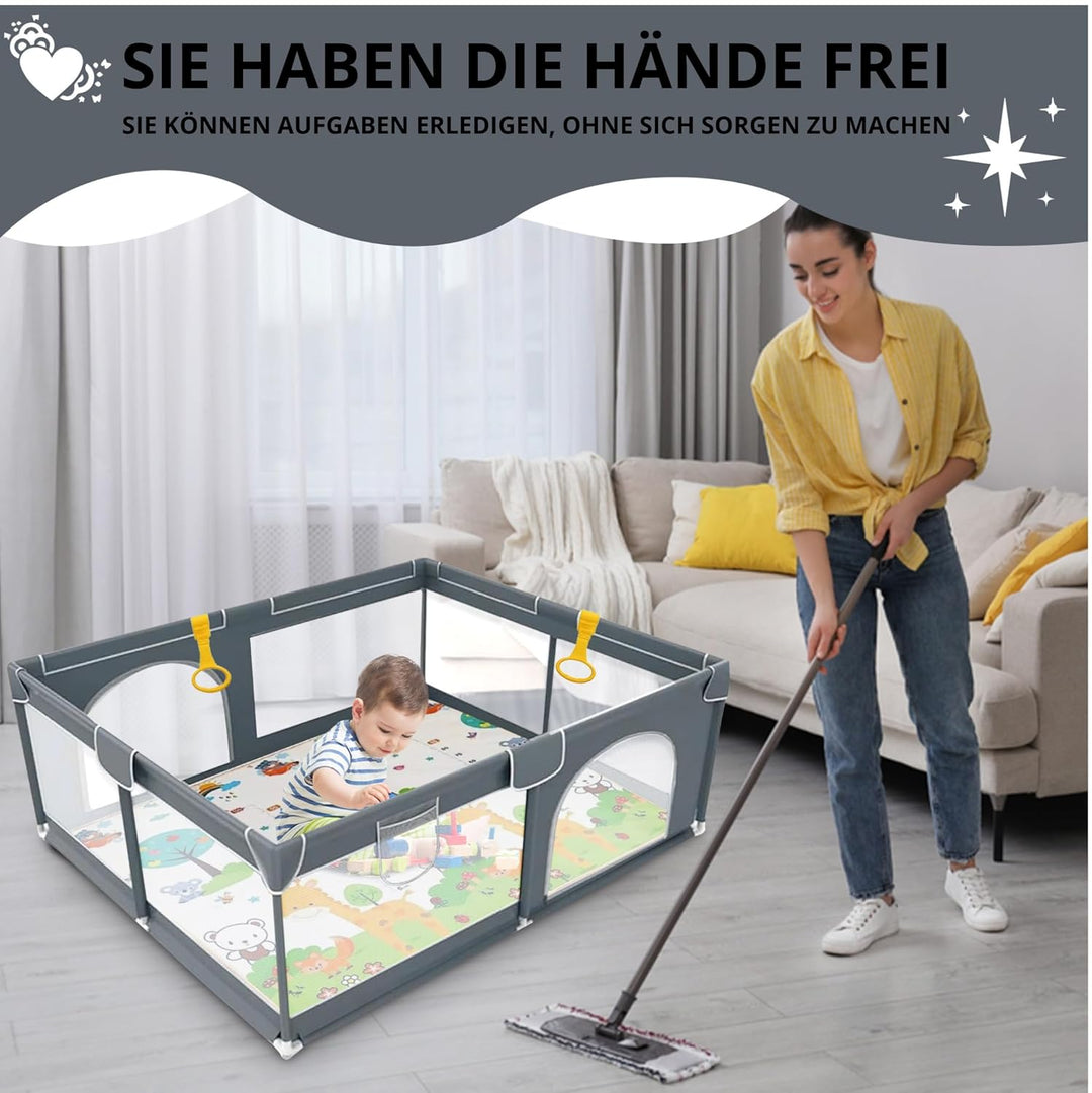 EveryKip® Laufstall Baby 120x120cm, Laufgitter baby mit atmungsaktivem Netz, Baby Laufstall mit Reis