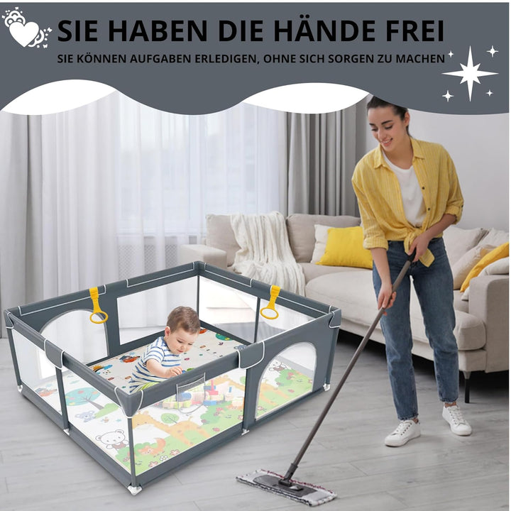 EveryKip® Laufstall Baby 120x120cm, Laufgitter baby mit atmungsaktivem Netz, Baby Laufstall mit Reis