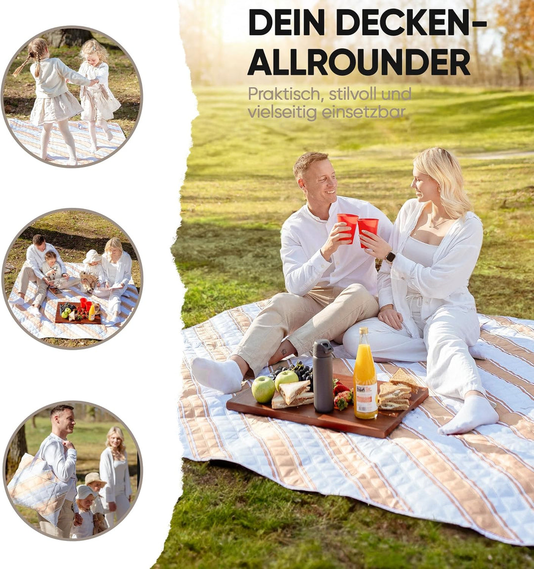 Picknickdecke wasserdicht 200x200cm isoliert & gepolstert - Stranddecke sandfrei – ideal für Camping