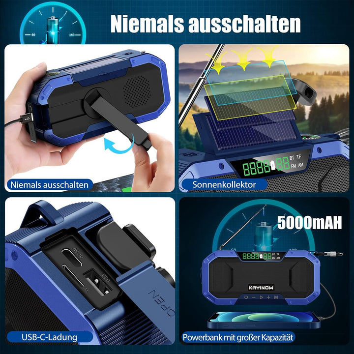 KAYINOW Solar Kurbelradio-Bluetooth Lautsprecher HandyLadefunktion, IPX5 wasserdichtes tragbare klei