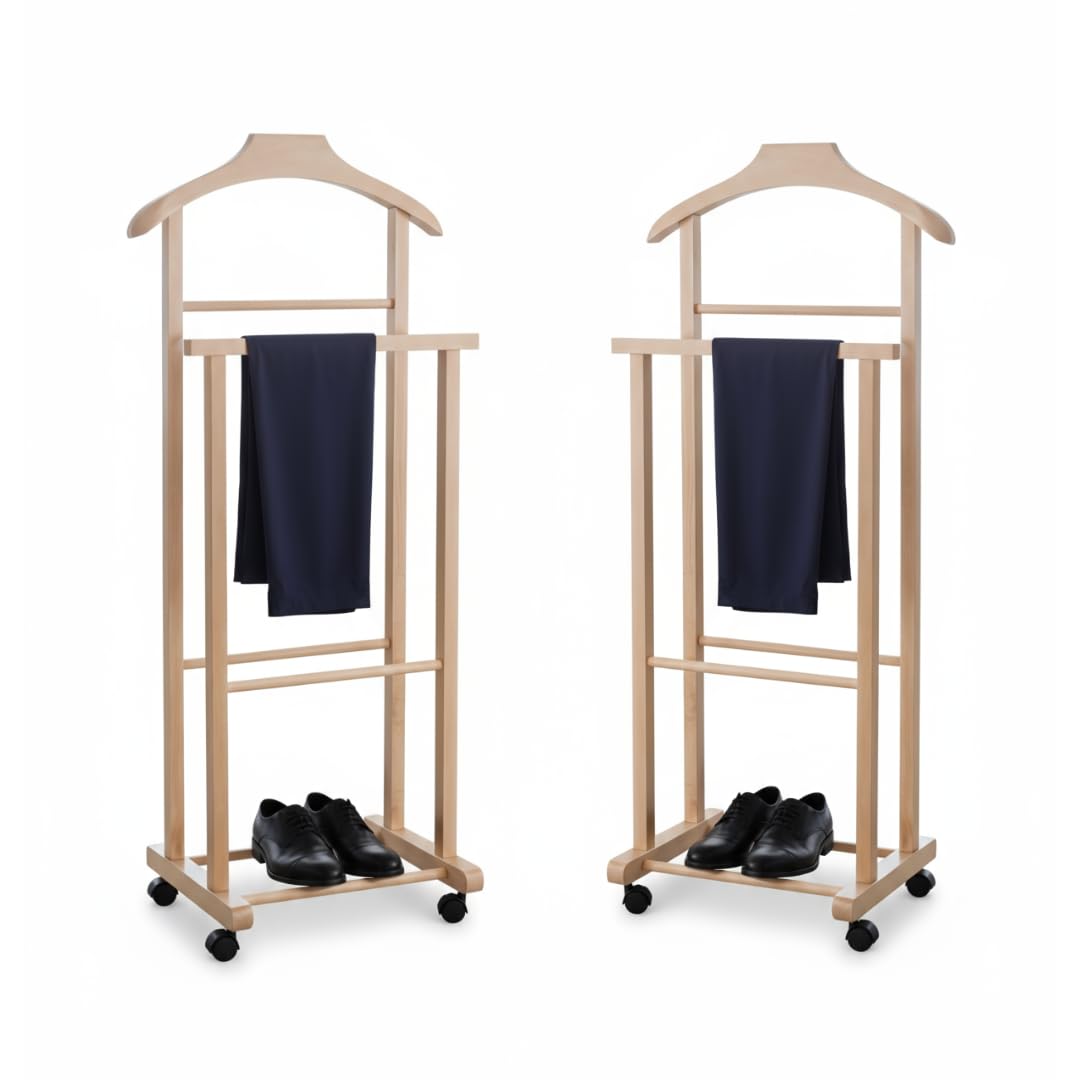 Mottiwood Kleiderständer für Schlafzimmer, natürliches Buchenholz, doppelter Diener mit 4 Rollen, he