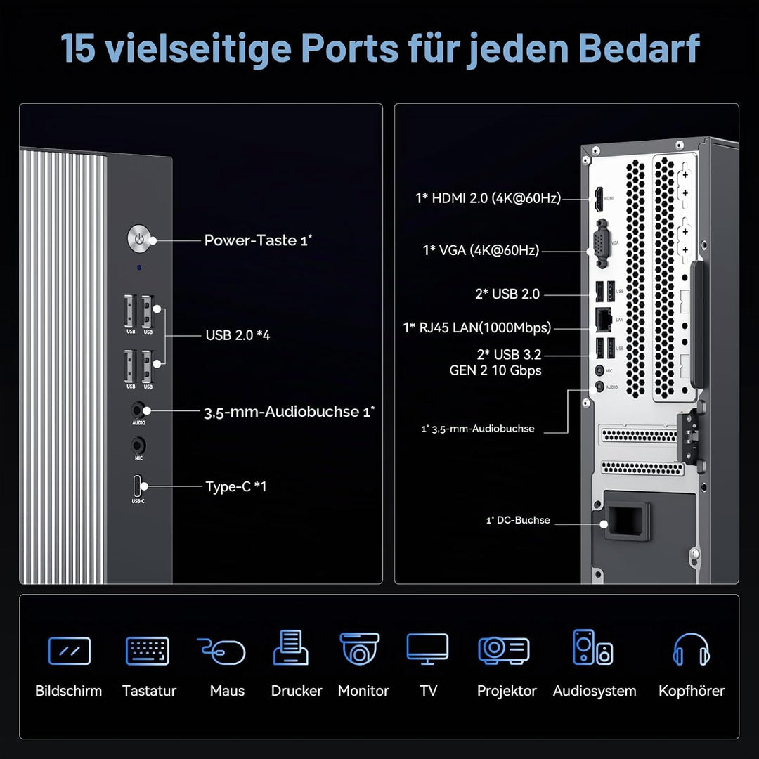 Blackview Tower PC Win 11 Pro, Intel Core 5 210H (bis 4.80 GHz, 13. Gen) Office Desktop PC (16GB RAM