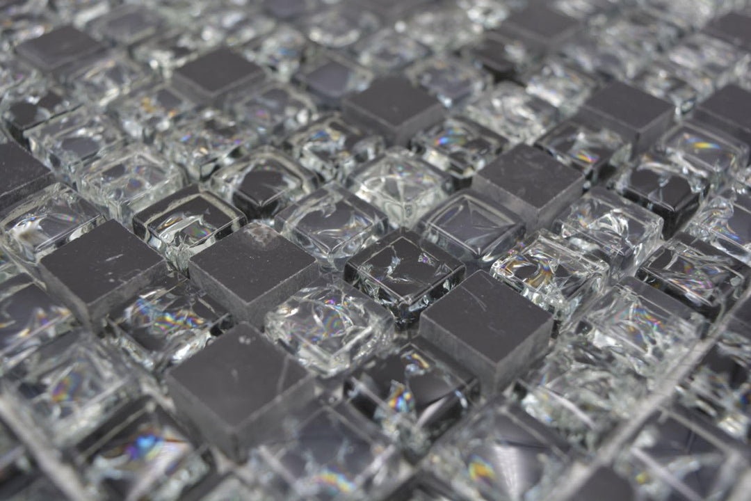 Mosaik Quadrat Crystal/Stein mix schwarz Glasmosaik Transluzent Transparent 3D, Mosaikstein Format: