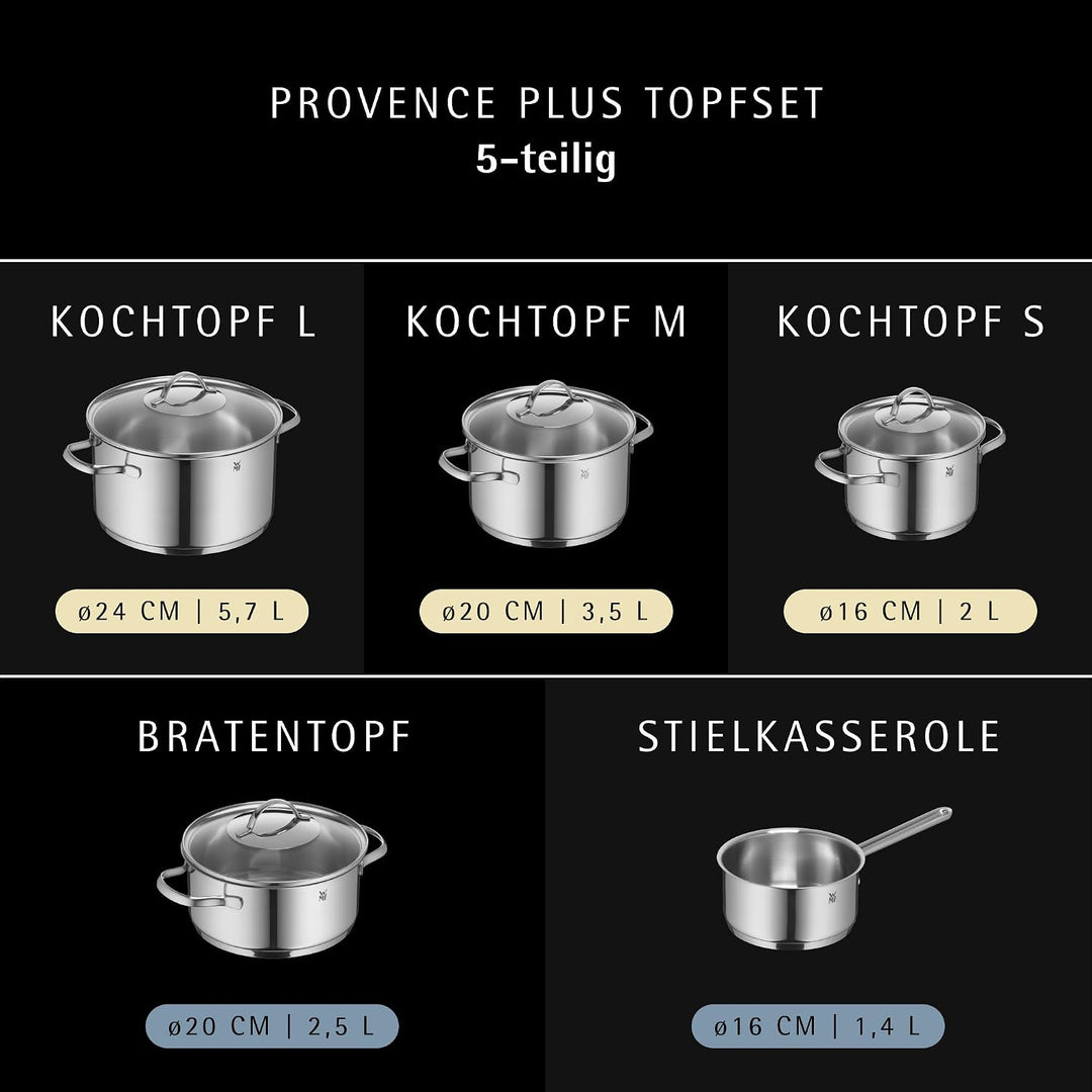 WMF Provence Plus Topfset Induktion 5-teilig, Kochtopf Set mit Glasdeckel, Cromargan Edelstahl polie