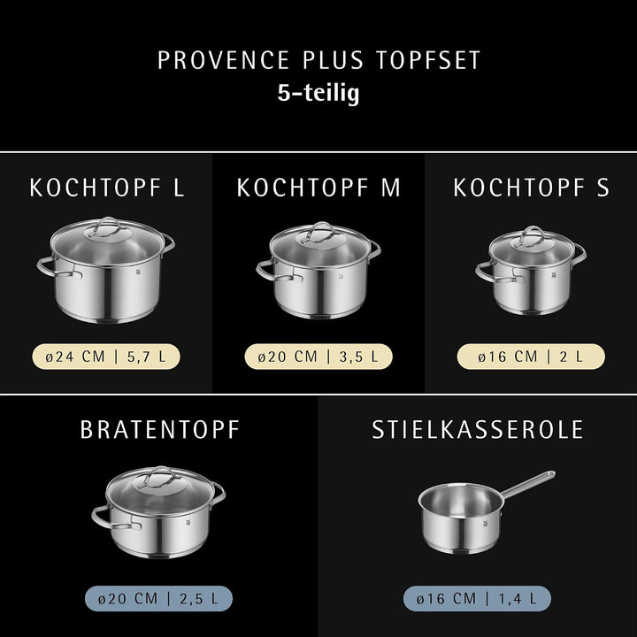 WMF Provence Plus Topfset Induktion 5-teilig, Kochtopf Set mit Glasdeckel, Cromargan Edelstahl polie
