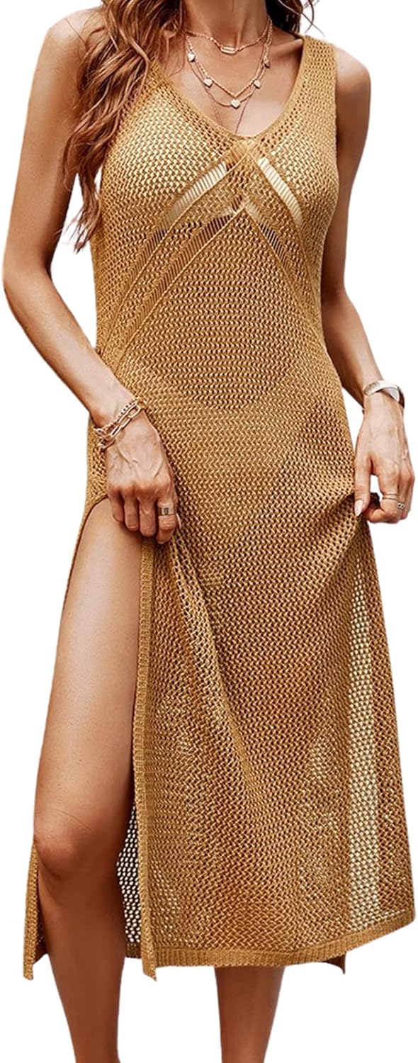 CUPSHE Damen Bikini Cover Up Strandkleid V Ausschnitt Ärmellos Lochmuster Seitenschlitz Sexy Strandp