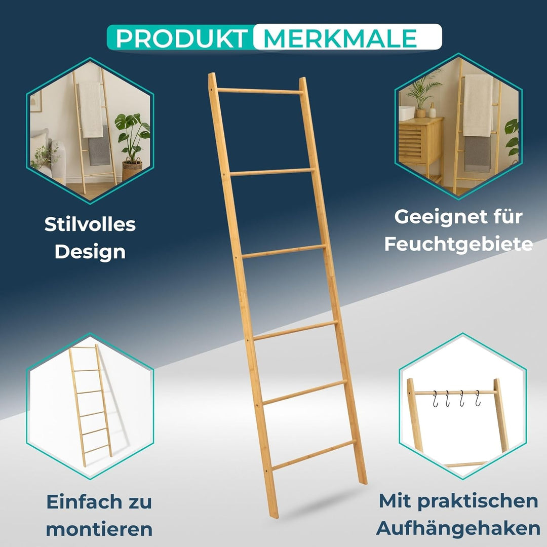 BUDDLEY Handtuchleiter - Bambus - extra breit - Deko-Leiter - Wäscheleiter - Leiterregal - Kleidung
