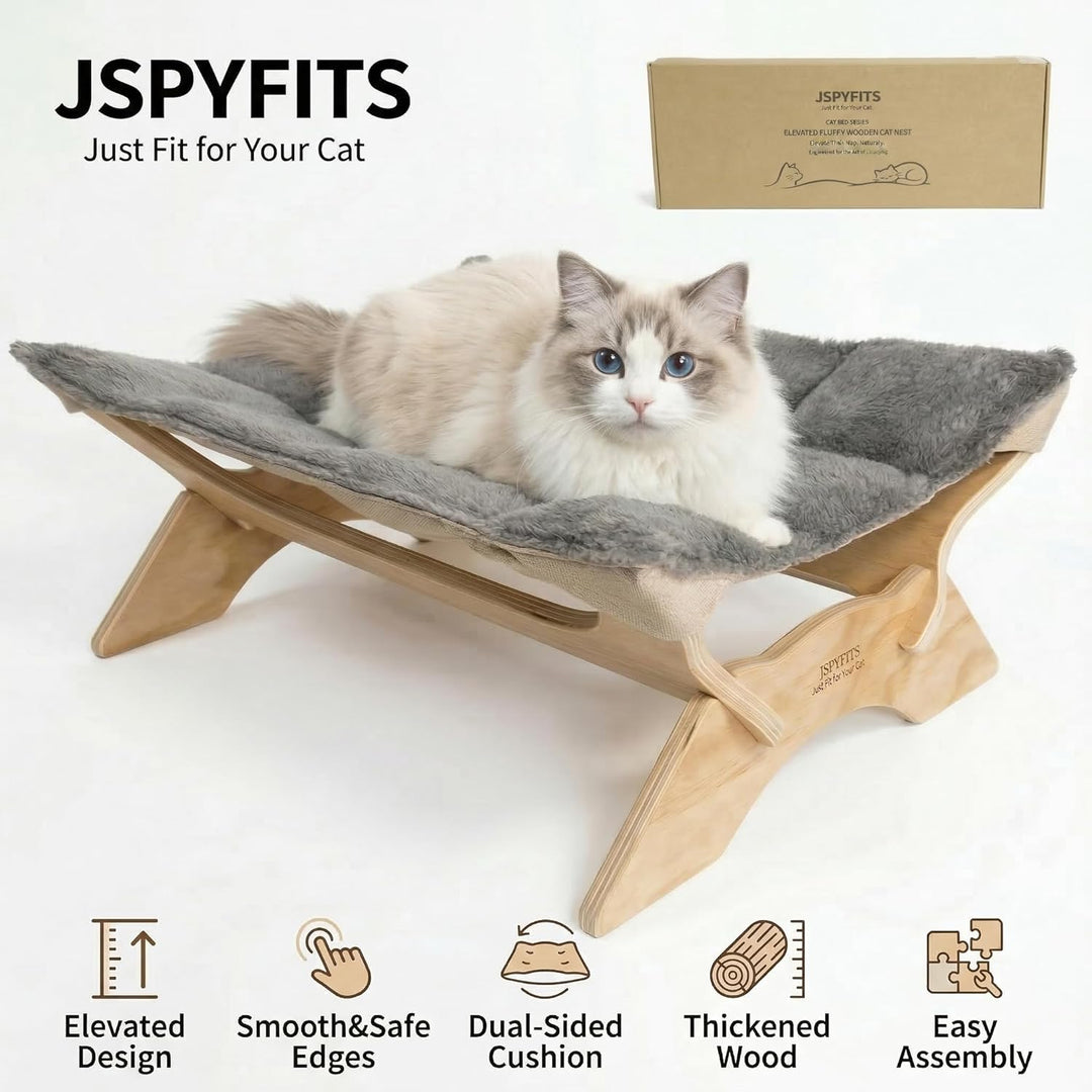 JSPYFITS Katzenbett, Plüsch-Samt-Katzenbetten für Indoor-Katzen, Katzenhängematte aus Holz, 54 x 42