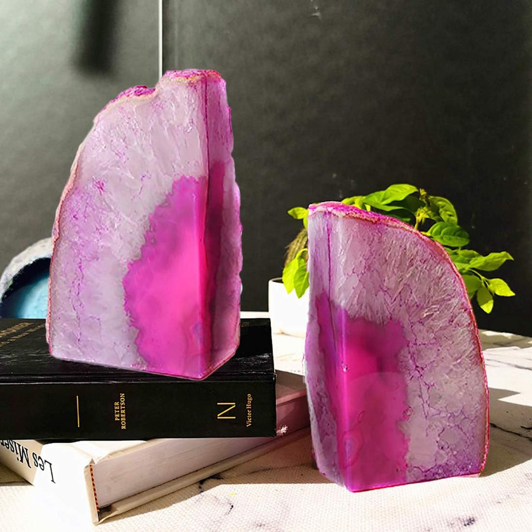 JIC Gem Dekorative Kristall-Buchstützen, poliert, gefärbt, rosa, Geode, brasilianischer Achat, Buchs