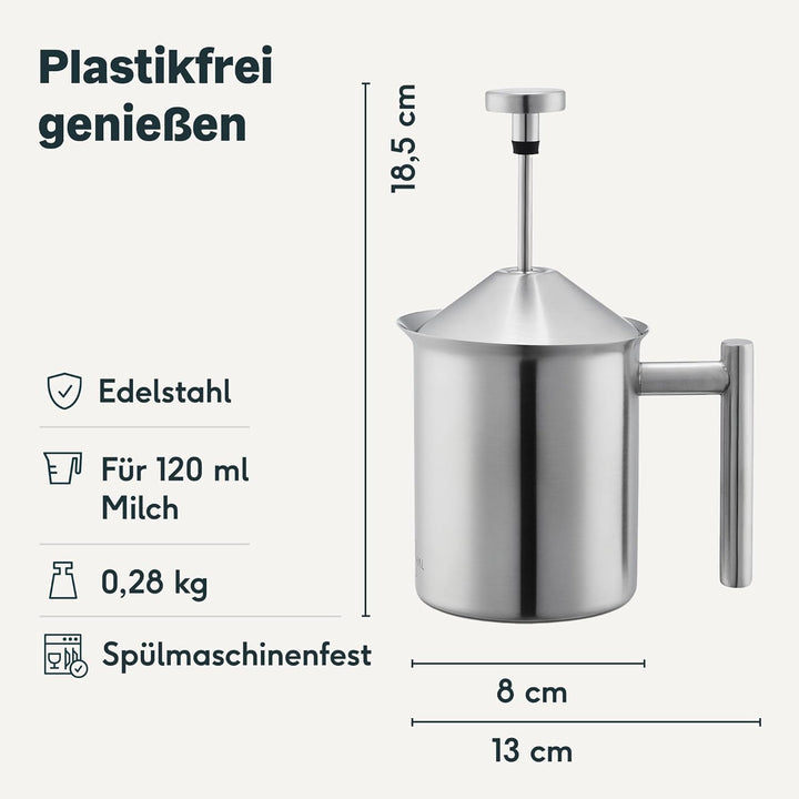 SILBERTHAL Milchaufschäumer Manuell Edelstahl - 400ml - Perfekter Milchschaum dank doppeltem Sieb un