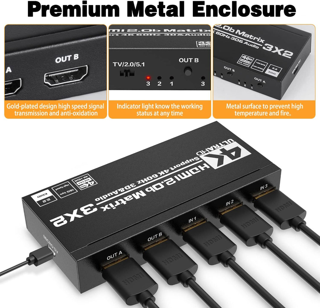 HDMI Matrix 3x2 - Tendak 4K@60Hz HDMI Switch Matrix 3 In 2 Out HDMI Umschalter + Optisch Spdif & 3,5