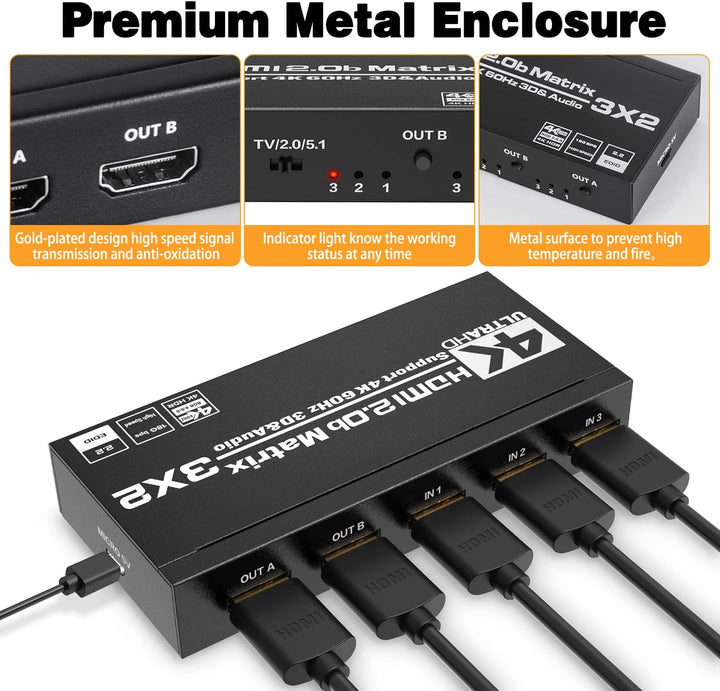 HDMI Matrix 3x2 - Tendak 4K@60Hz HDMI Switch Matrix 3 In 2 Out HDMI Umschalter + Optisch Spdif & 3,5