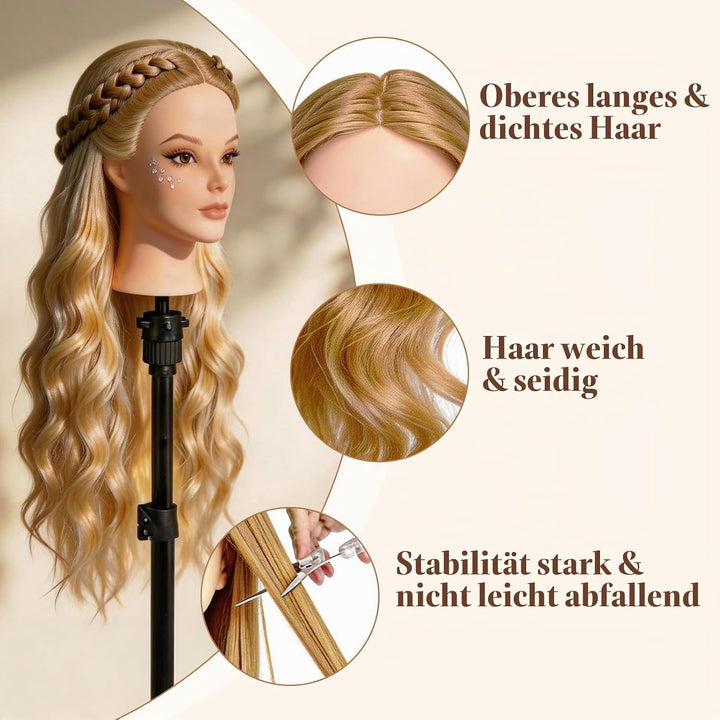 Yofuly 26Zoll/66cm Frisierkopf, 80% Echthaar Übungskopf, Make-up Frisieren Trainingsköpfe, Mannequin