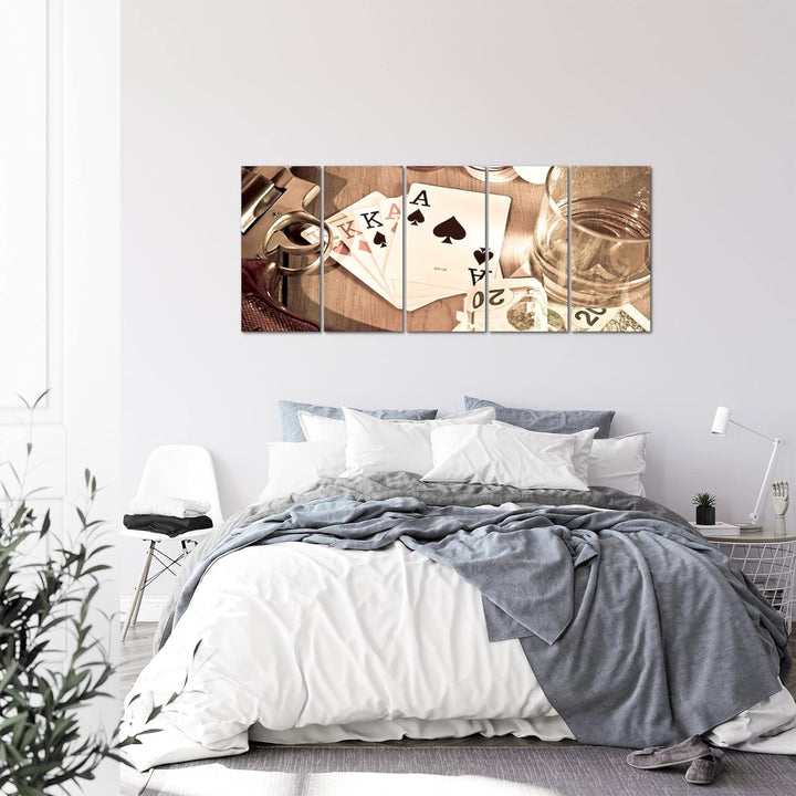 Runa Art Wandbild XXL Poker Whiskey Wohnzimmer Schlafzimmer 200 x 80 cm Braun 5 Teilig - Made in Ger