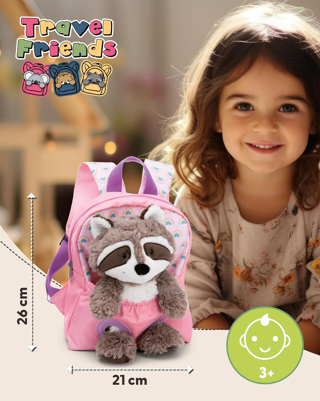 NICI Kinderrucksack rosa 2 in 1 mit Kuscheltier Waschbär 25cm - Kindergartenrucksack Mädchen & Junge
