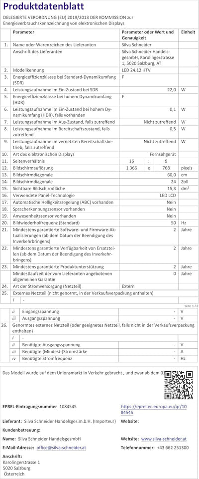 Silva Schneider LED 24.12 HTV Fernseher, HD-R, Triple Tuner, 12 V