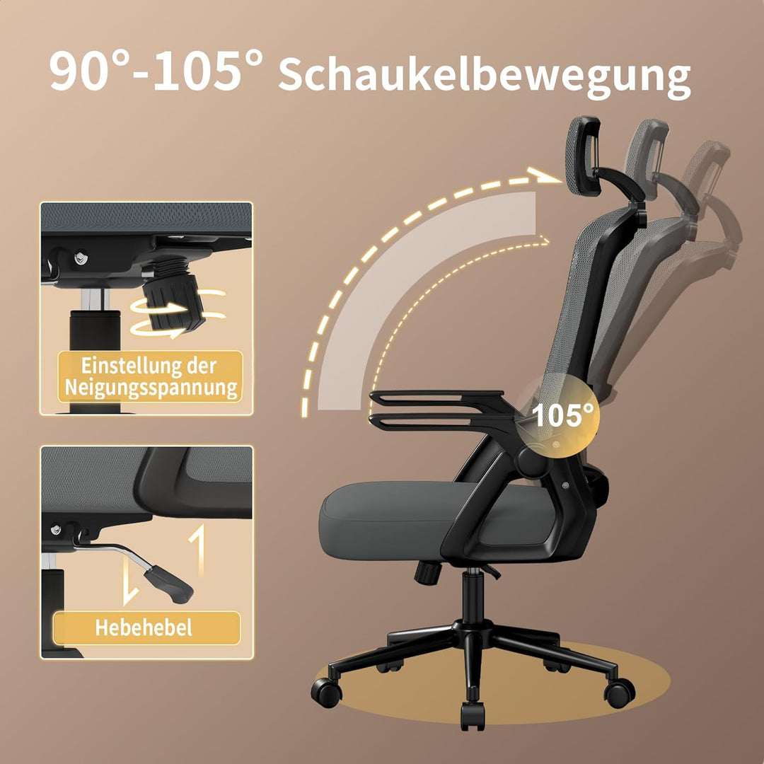 naspaluro Bürostuhl Ergonomisch Dunkelgrau Mit Kopfstütze | Schreibtischstuhl Atmungsaktiver Netzgew