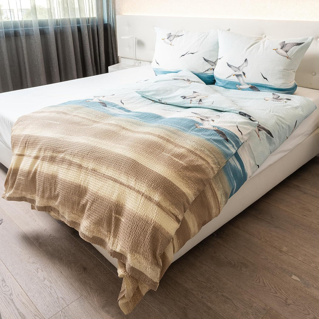 Traumschlaf Seersucker Bettwäsche Set •Bügelfrei• Maritimer Look Seemöven • mit Reissverschluss • 24