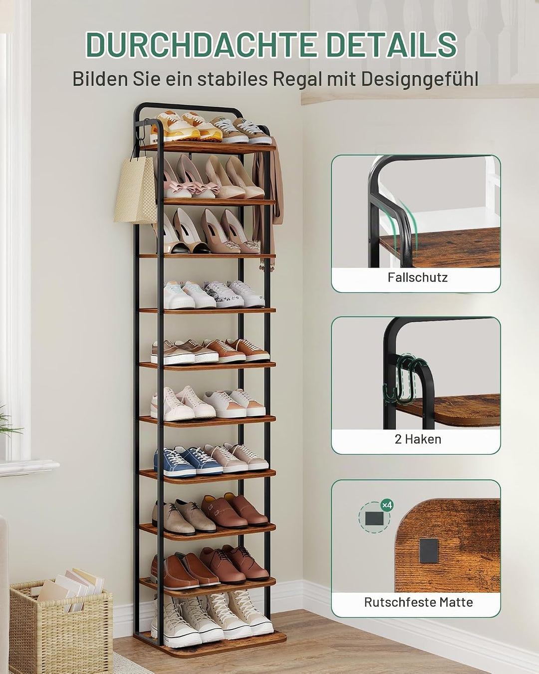 Hzuaneri Vertikales Schuhregal, 10-Stöckige Schuhregale, Schuhturm für kleine Räume, Freistehend, Ve