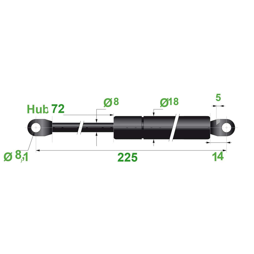 Gasdruckfeder Ø 8/18 8,1 Hub=72 L=225 mm 350N(0236)