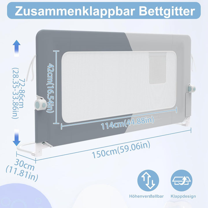 YRHome 150cm Bettgitter Rausfallschutz klappbar 180 Grad drehbar Bettschutzgitter für Kleinkinder lu