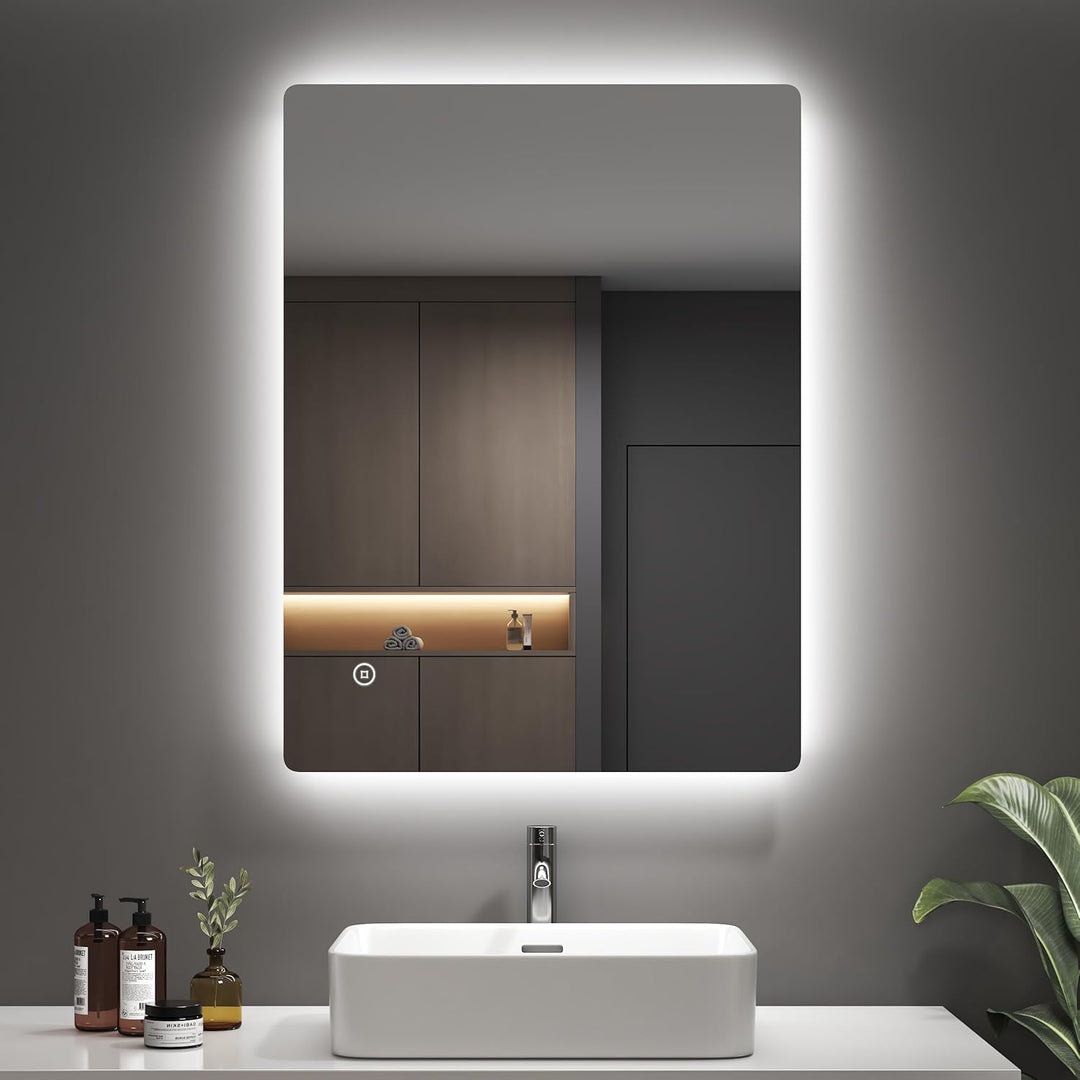 EMKE Badspiegel mit Beleuchtung 60x80 cm, Badezimmerspiegel mit 3 dimmbaren Lichtfarben, Touch, 3-St
