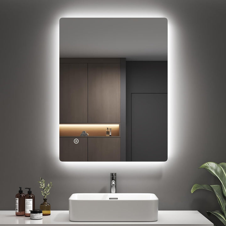 EMKE Badspiegel mit Beleuchtung 60x80 cm, Badezimmerspiegel mit 3 dimmbaren Lichtfarben, Touch, 3-St