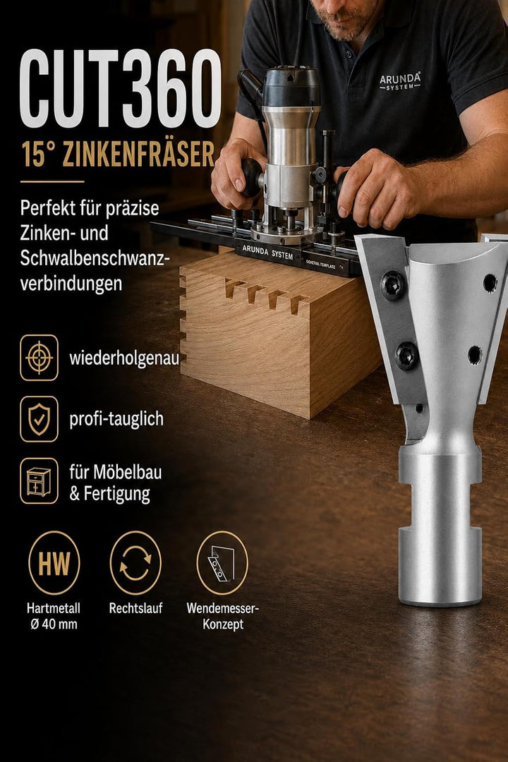 Zinkenfräser 15° mit Wendemesser für Arunda System - 15° Schneide 2, Hartmetall Ø 40 - Rechts - 31,5
