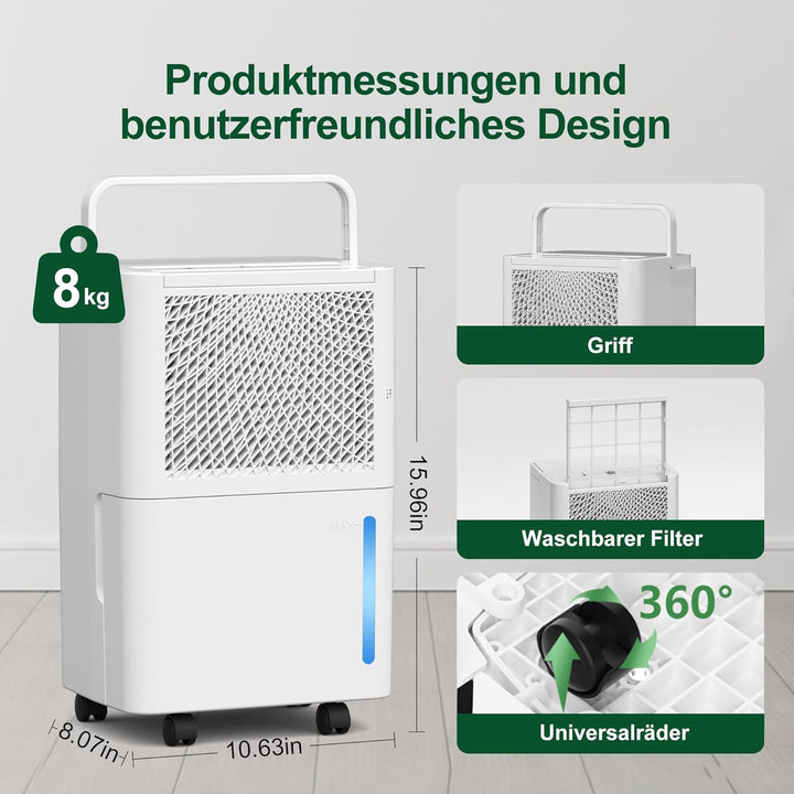 Luftentfeuchter Elektrisch,10L/Tag Hochleistungs Entfeuchter,Raumentfeuchter mit Wäschetrocknung, Ab