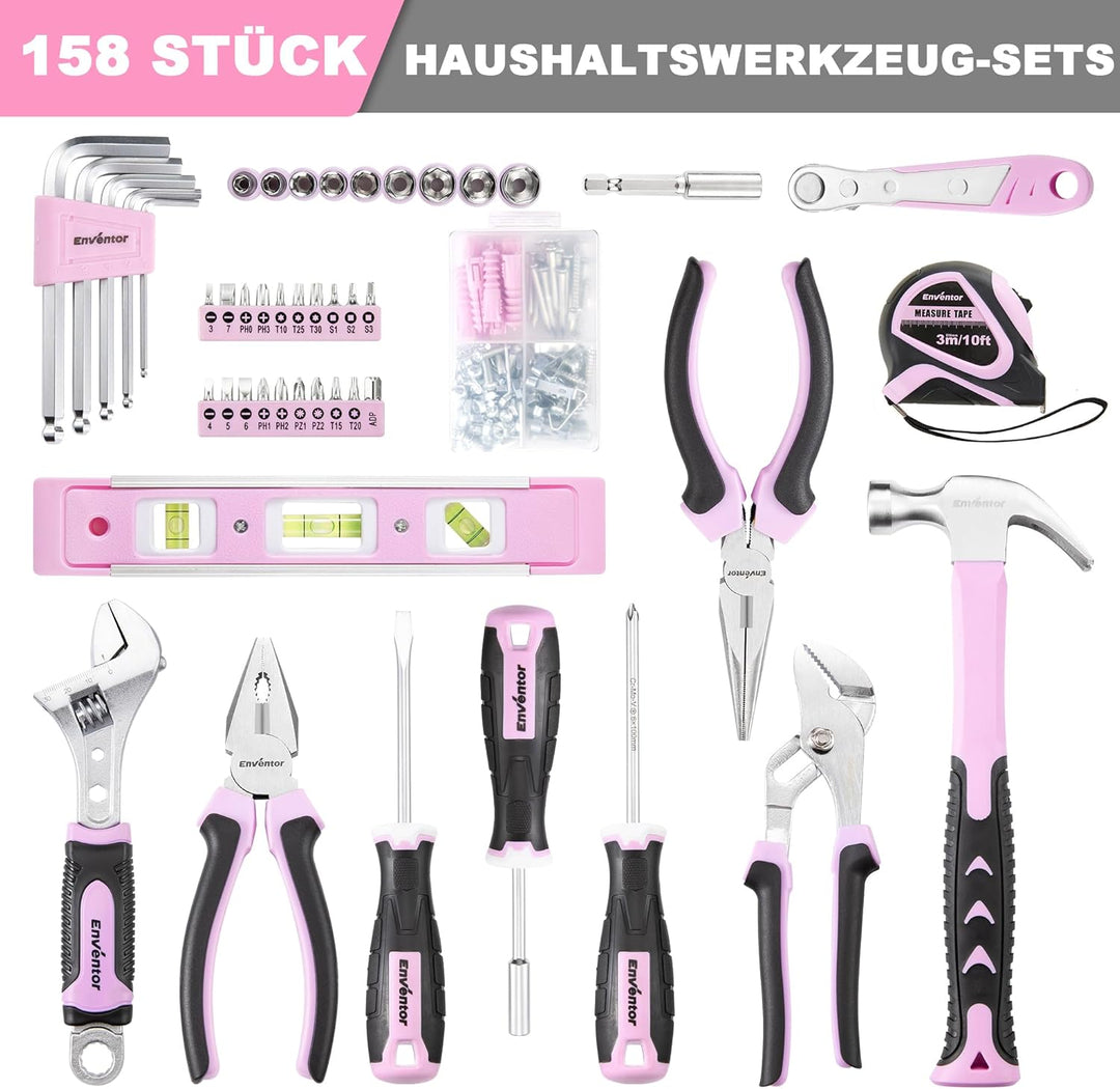 ENVENTOR Kleiner Werkzeugkoffer für Frauen, Haushalts Werkzeug-Set, Werkzeugkasten Rosa, Universal K