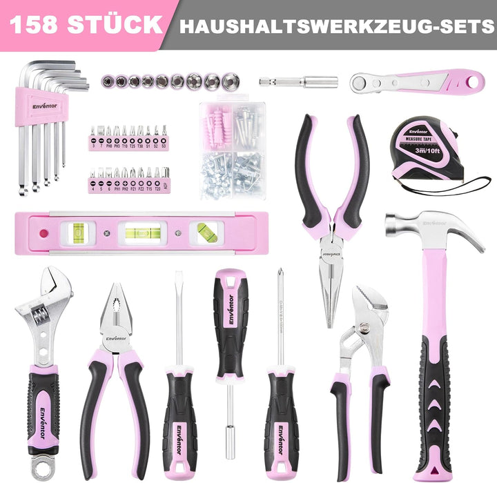 ENVENTOR Kleiner Werkzeugkoffer für Frauen, Haushalts Werkzeug-Set, Werkzeugkasten Rosa, Universal K