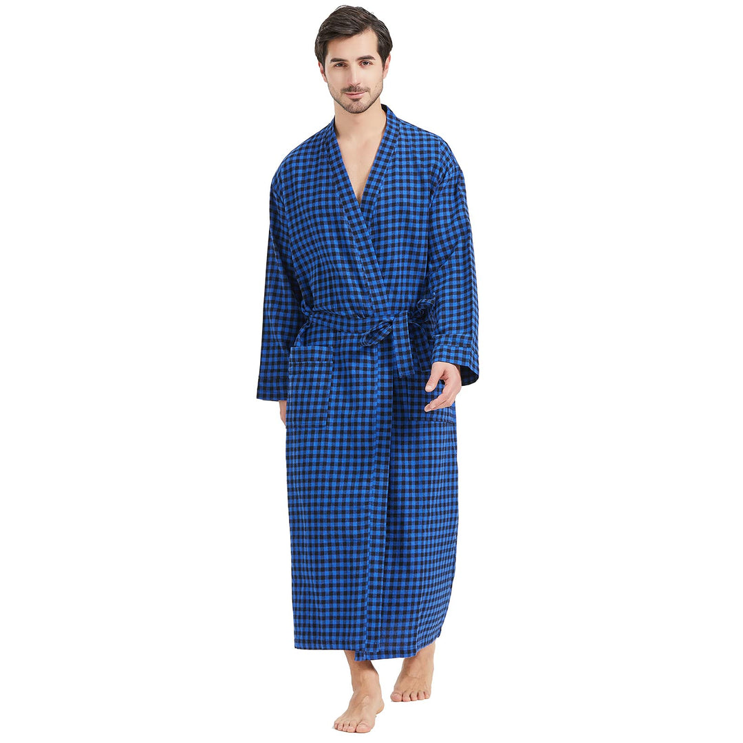 FashGudim Herren Buffalo-Karo 100% Baumwollflanell Bademantel mit Schalkragen Leichter, langer Morge