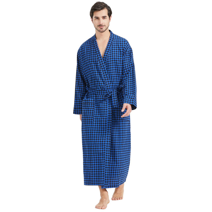 FashGudim Herren Buffalo-Karo 100% Baumwollflanell Bademantel mit Schalkragen Leichter, langer Morge
