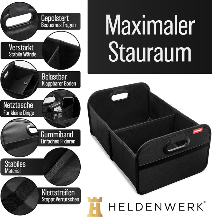HELDENWERK Kofferraumtasche faltbar mit Anti-Rutsch-Klett - Kofferraum-Organizer, Auto Faltbox, Eink