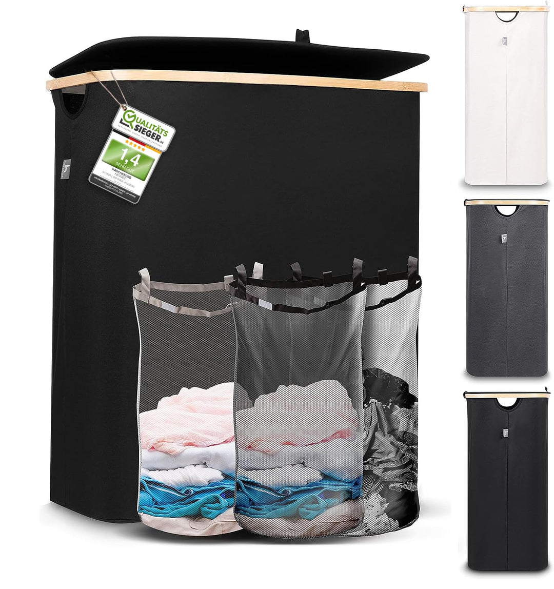 Hennez Wäschebox 150L - Wäschekorb 3 Fächer - mit Deckel - Wäschesortierer mit Wäschesack - Laundry